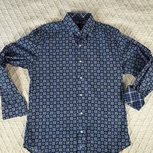 TailorByrd Men's M Geometric Floral Print Shirt Blue Flip Cuff Contrast Accents